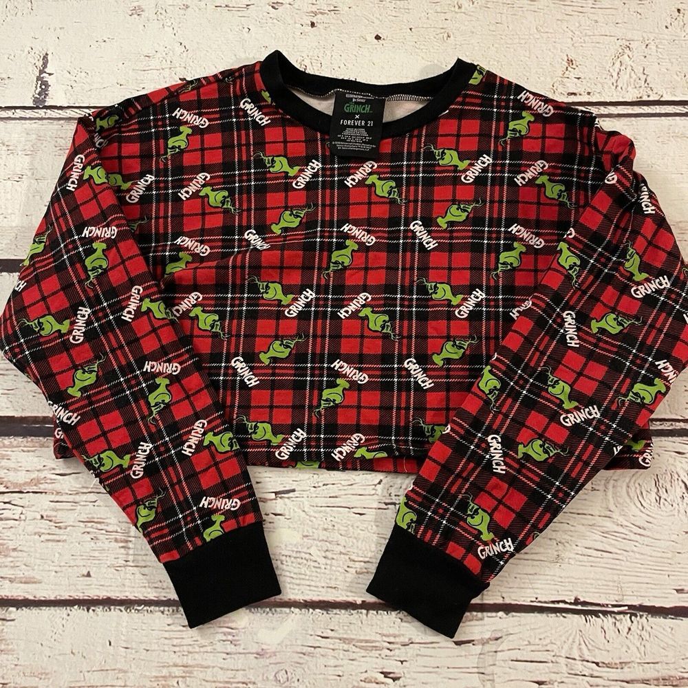 The Grinch X Forever‎ 21 Size Small Novelty Tartan Print Crop Long Sleeve Shirt